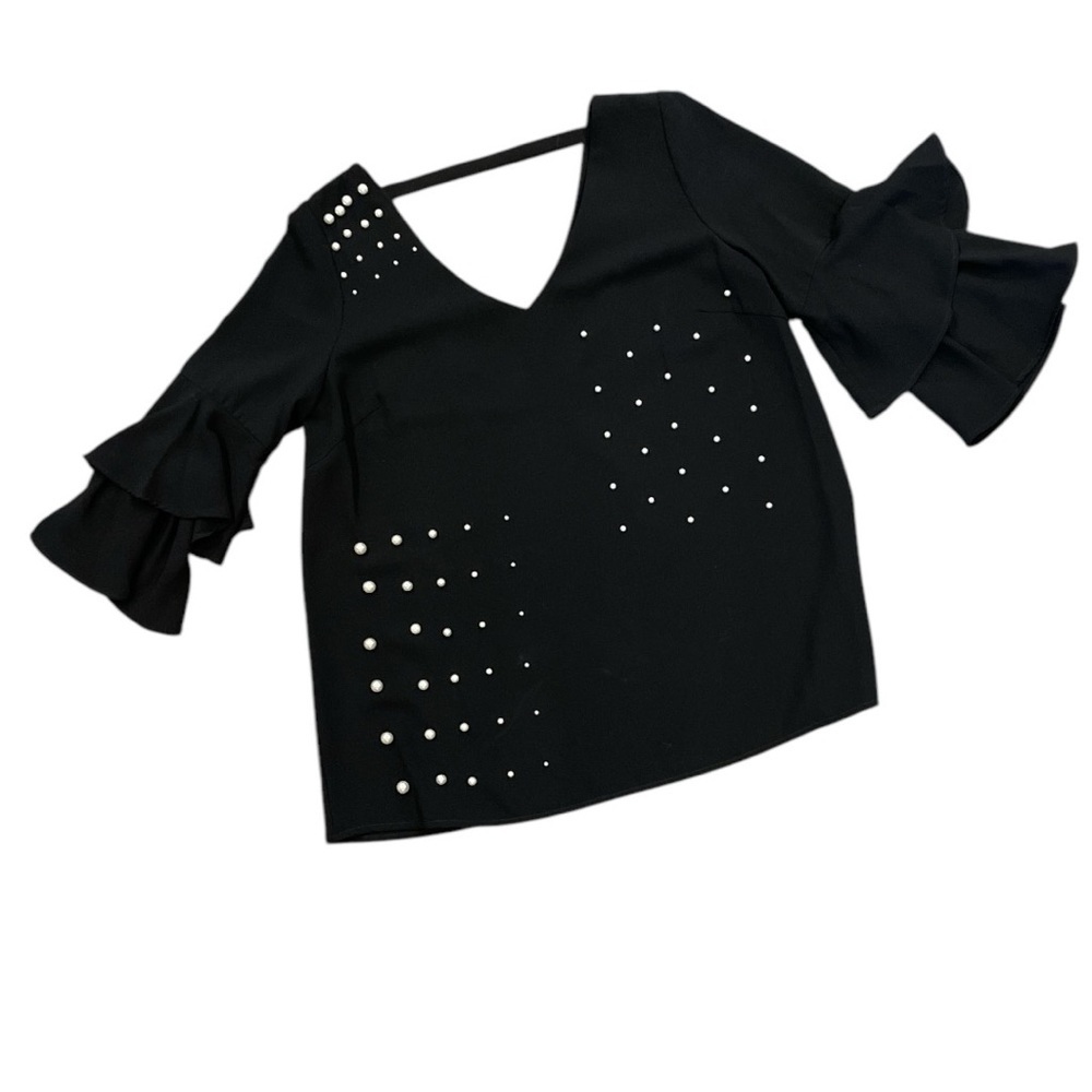 ALBERTO MAKALI L black 3/4 tiered sleeves pearl embellishment back strap